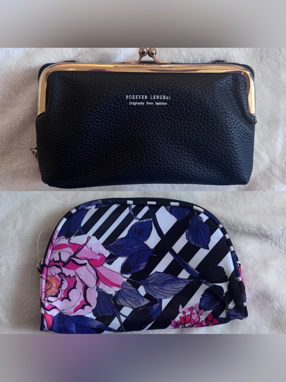 Black Wallet Crossbody Clutch + Floral Makeup Cosmetic Travel Bag Bundle